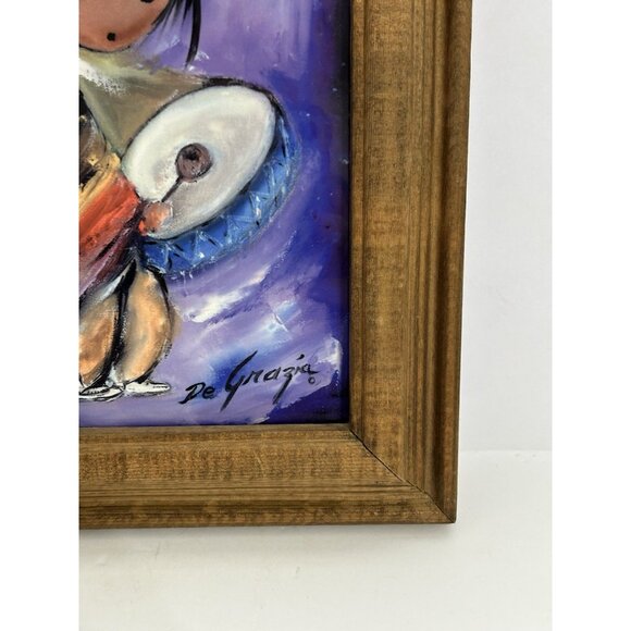 Ted De Grazia Vintage Native American Little Drummer Boy Art Tile Framed 8"x6" - Picture 5 of 12